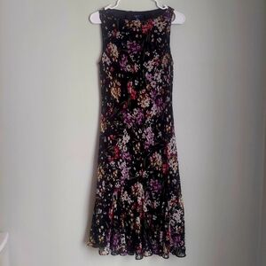 Chaps Black, Pink and Purple Floral Sleeveless Midi Dress. Size 12